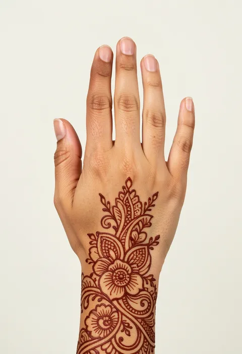 Back hand mehndi design with a floral wrist motif and trailing paisley vines