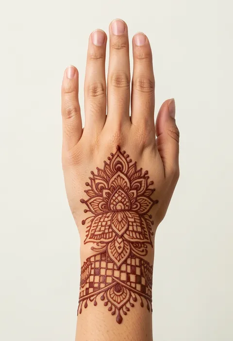 For-girls back-hand mehndi design with a layered lotus crown and a checkered jaali wrist band
