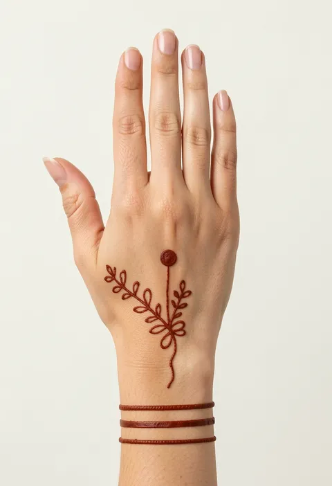 Minimal back-hand mehndi design with a single leafy sprig from a round dot and thin wrist bands
