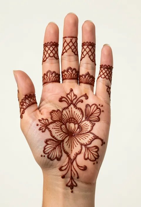 Arabic front-hand mehndi design with jali net finger cuffs and a bold central palm flower