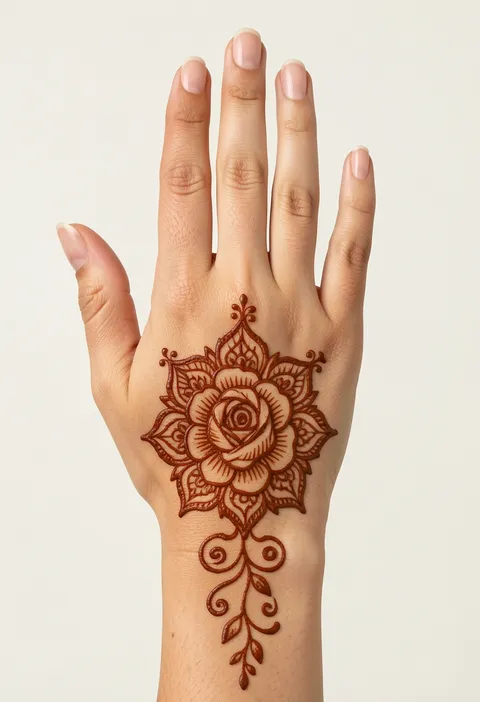 Bridal back-hand mehndi design with a central rose mandala and a trailing vine to the wrist