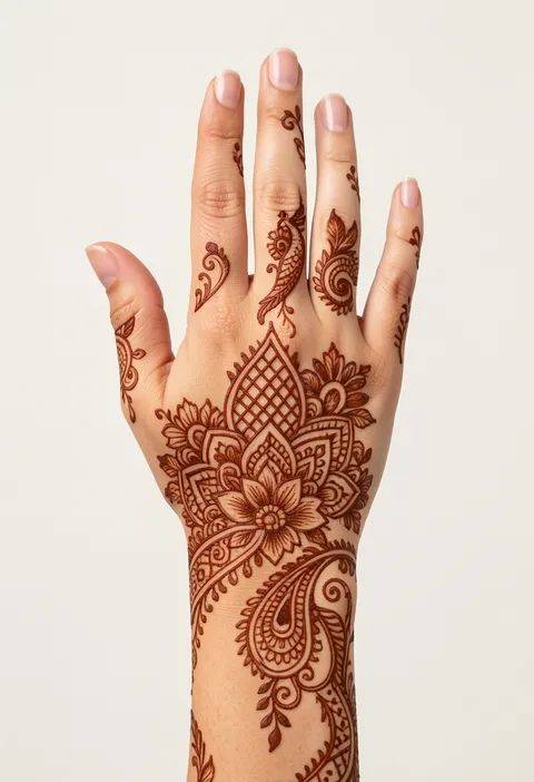 Bridal back-hand mehndi design with paisley and floral motifs flowing from the wrist onto the fingers