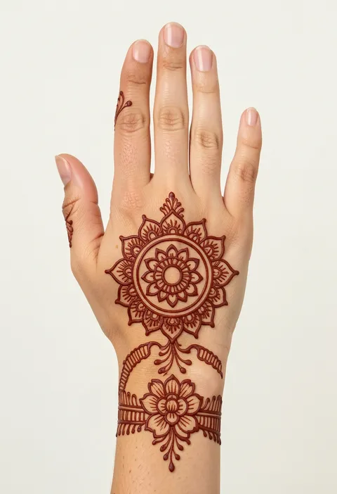 Arabic back-hand mehndi design with a round floral mandala and a matching flower wrist band