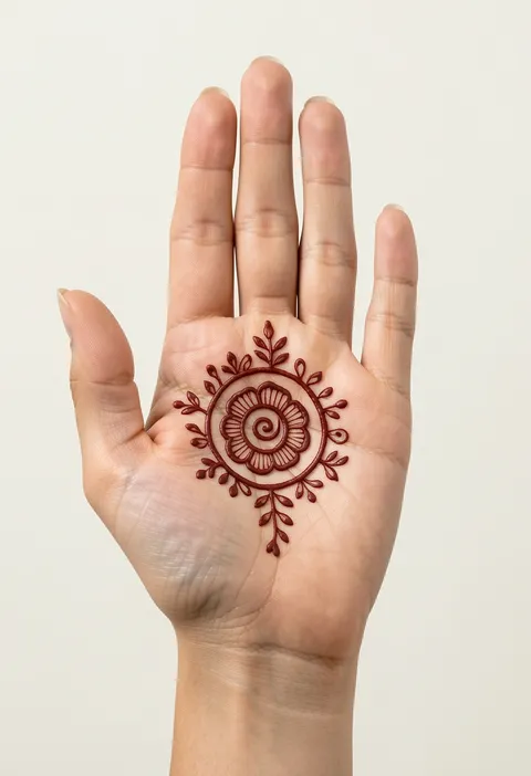 Cute front-hand mehndi design for girls with a spiral flower wreathed in leafy buds on the palm