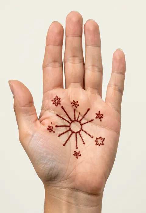 Playful for-kids front-hand mehndi design with a small sun-burst flower on the palm