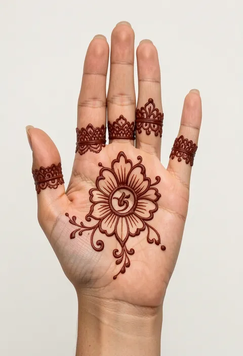Arabic front-hand mehndi design with lacy finger cuffs and a central palm flower