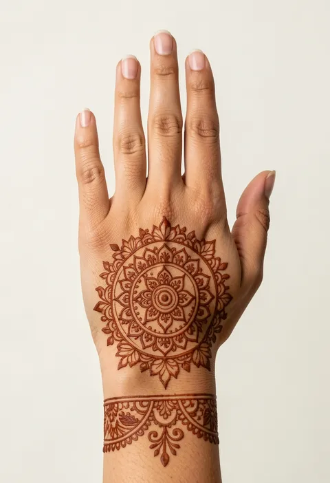Bridal back-hand mehndi design with a round floral mandala and a detailed wrist band
