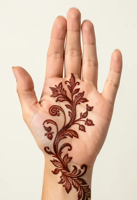Arabic front-hand mehndi design with a bold leafy floral vine curving from the wrist across the palm
