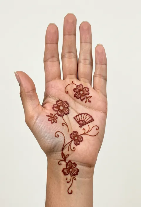 Front-hand mehndi design for girls with scattered flowers, a small fan motif and a trailing vine