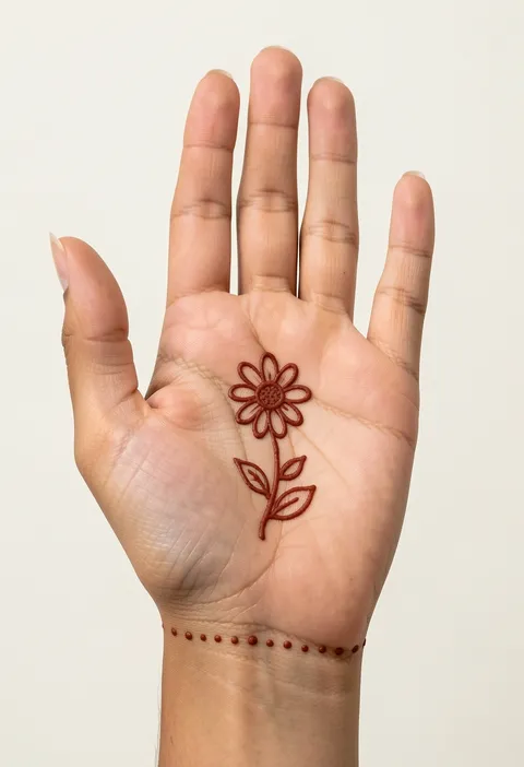 Simple front-hand mehndi design for kids with a single daisy, leafy stem and a dotted wrist line