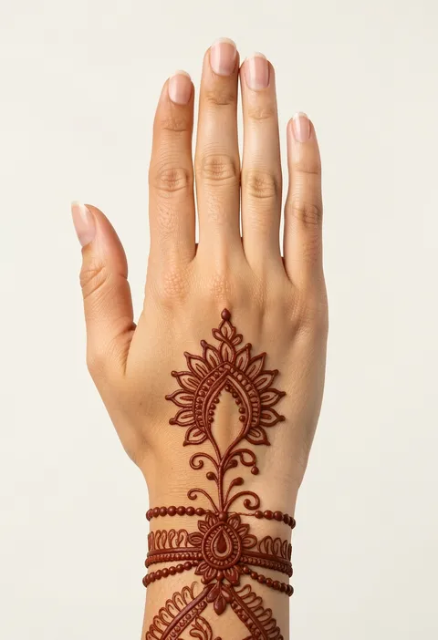 Back-hand mehndi design for girls with a petalled diamond medallion, leafy stem and beaded wrist band