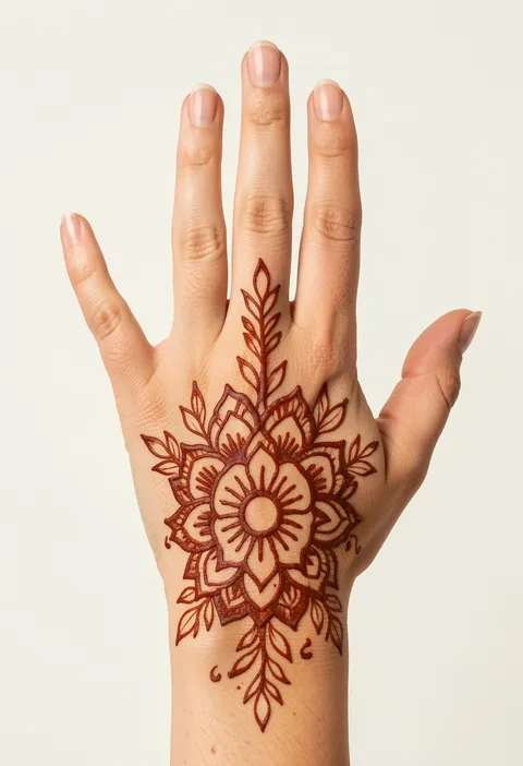 Arabic back-hand mehndi design with twin floral mandala blooms and a small central sunburst