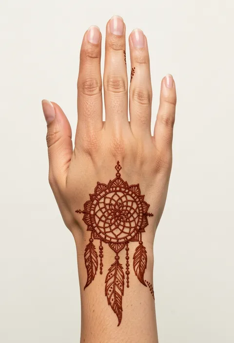 For-girls back-hand mehndi design with a dreamcatcher mandala and dangling feather trails