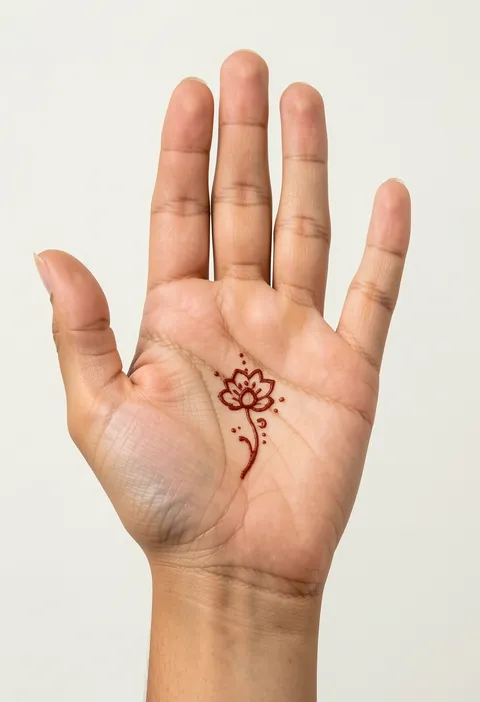 Minimal front-hand mehndi design with a tiny central lotus blossom and a fine curved stem