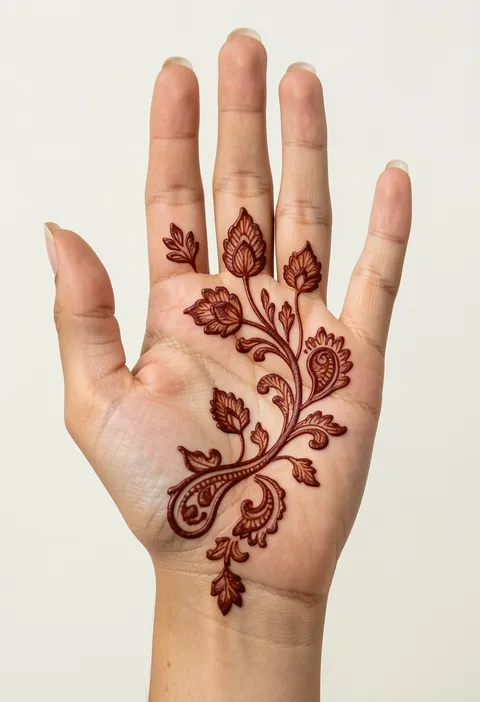 Arabic front-hand mehndi design with a flowing diagonal floral vine and paisley buds