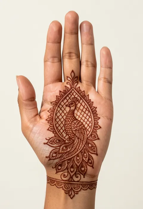 Bridal front-hand mehndi design with a central peacock, jaali net fill and scalloped wrist border