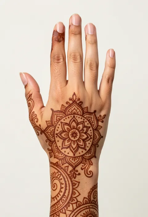 Bridal back-hand mehndi design with an ornate round mandala and paisley trails toward the fingers
