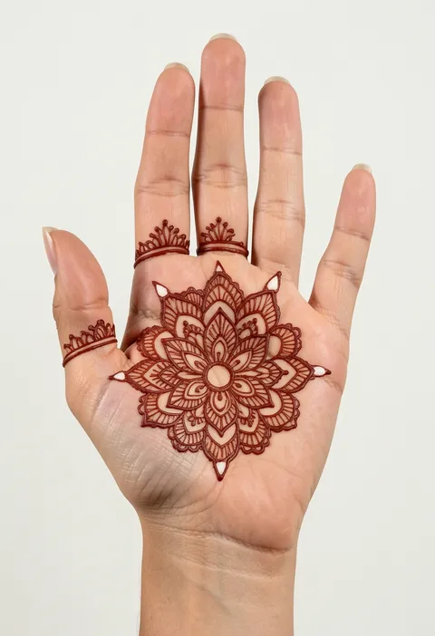 Front-hand mehndi design with a central palm mandala bloom and dainty fingertip crown motifs