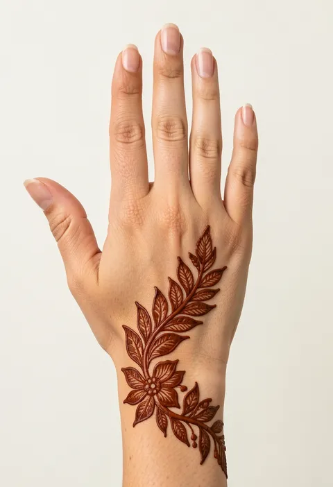 Arabic back-hand mehndi design with a bold feather-leaf trail curving from the wrist across the hand