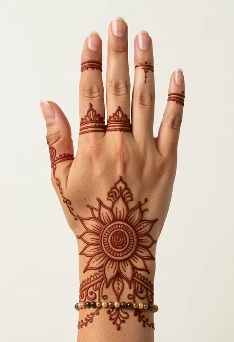 Back-hand mehndi design with a central sunflower motif, fingertip bands and a beaded wrist accent