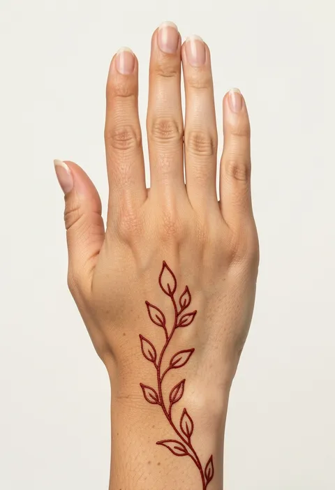 Minimal back-hand mehndi design with a slender outlined leafy vine climbing from the wrist
