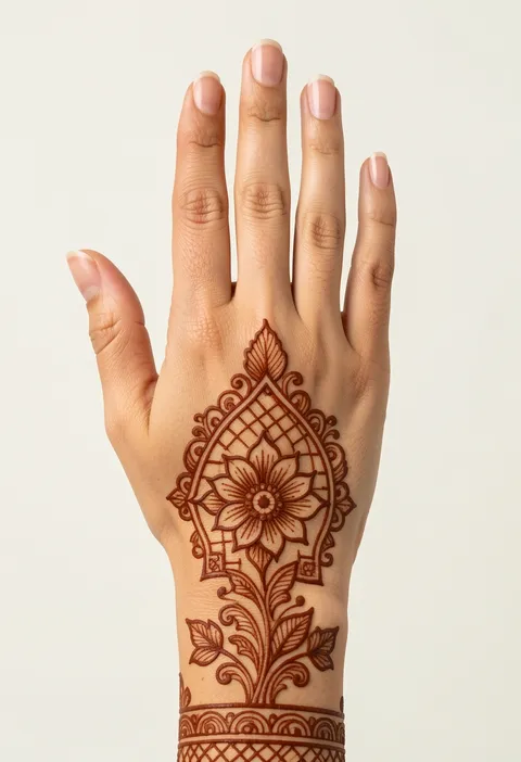 Bridal back-hand mehndi design with a central blossom in a jaali lattice panel and a wrist border