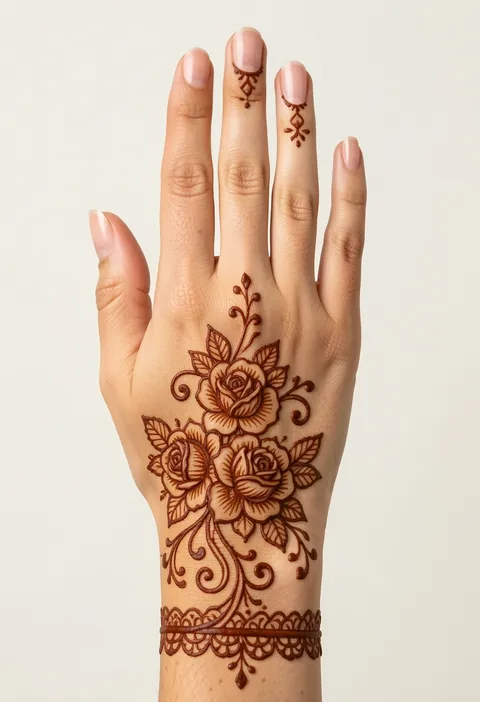 Bridal back-hand mehndi design with a rose cluster, curling swirls, decorated fingertips and a lace wrist band
