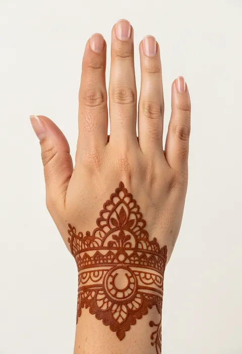 For-girls back-hand mehndi design with a lacy wrist cuff band and a small central medallion