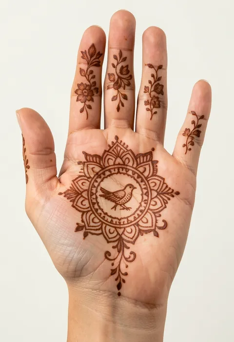 Bridal front-hand mehndi design with a central palm mandala framing a bird and floral finger sprigs