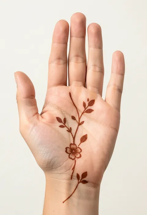 Minimal front-hand mehndi design with a small flower and a slender leafy vine across the palm