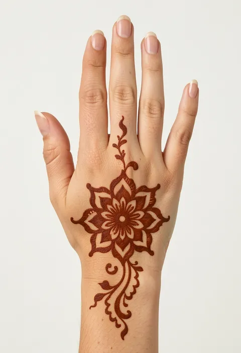 Arabic back-hand mehndi design with a central floral mandala and a scalloped vine trailing to the wrist
