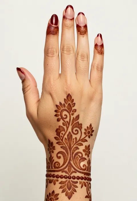For-girls back-hand mehndi design with deep red fingertip stain and a floral wrist band