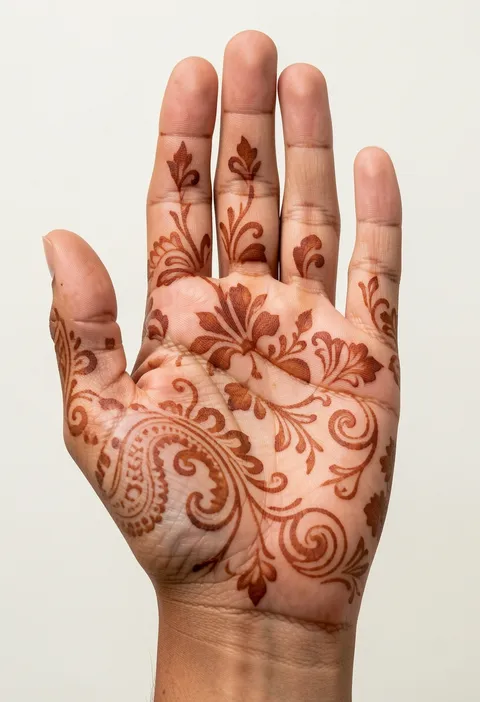 For-girls front-hand mehndi design with reddish floral trails and paisley across the palm