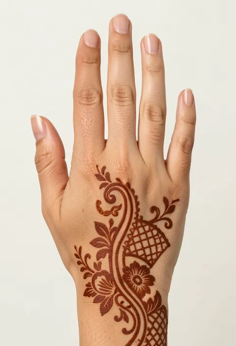 Arabic back-hand mehndi design with a diagonal paisley-vine trail and a fine jaali net fan