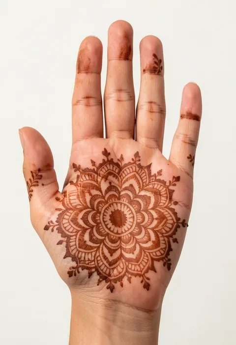 Bridal front-hand mehndi design with a large central palm mandala and stained fingertips