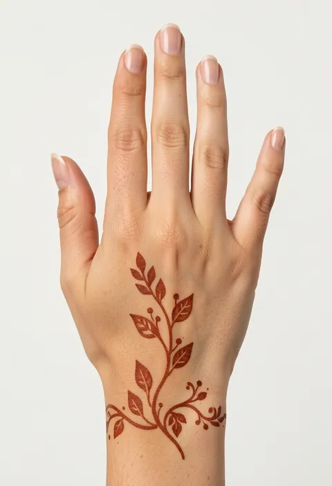 Minimal back-hand mehndi design with a single delicate leafy henna vine and tiny berries