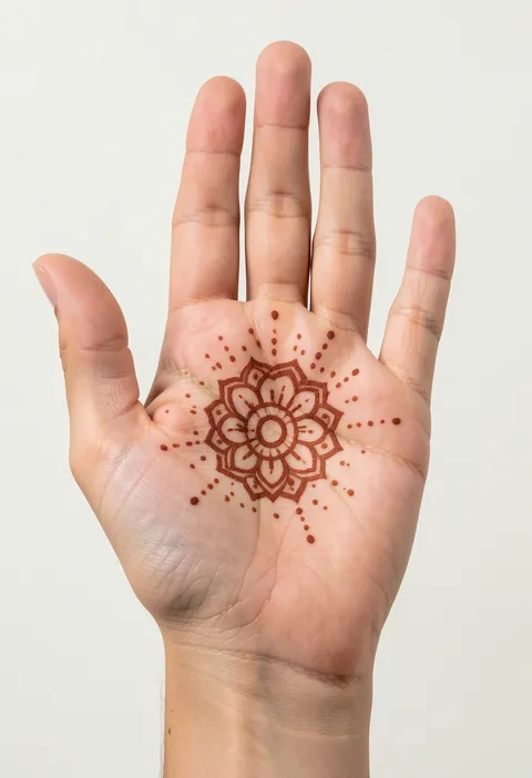 Minimal front-hand mehndi design with a single small mandala bloom and radiating dotwork