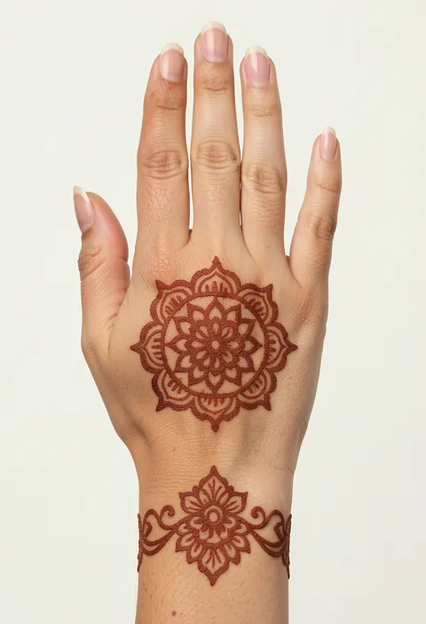 For-girls back-hand mehndi design with a central floral mandala and decorative floral wrist cuff