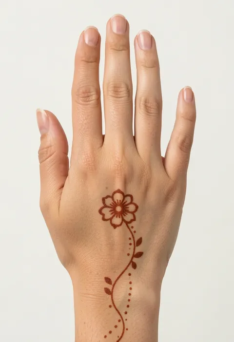 Minimal back-hand mehndi design with a single flower and a fine dotted vine trailing to the wrist