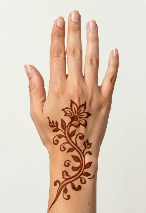 Arabic back-hand mehndi design with a single flowing leafy vine and bloom trailing across the hand