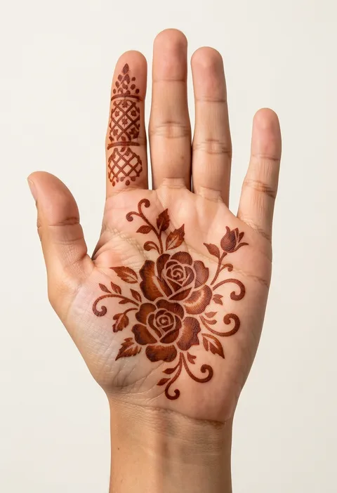 For-girls front-hand mehndi design with a rose cluster on the palm and a jaali-net patterned finger