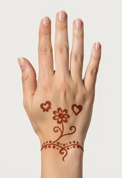 For-kids back-hand mehndi design with a cheerful flower, two hearts and a dotted wrist band
