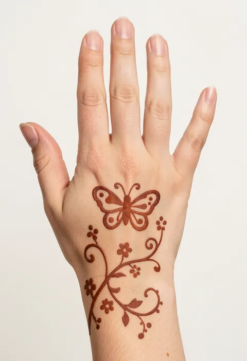 Cute for-kids back-hand mehndi design with a butterfly and a curling floral vine