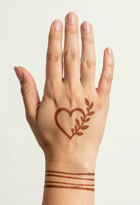 Minimal back-hand mehndi design with a small heart outline, leaf sprig, and thin wrist bands
