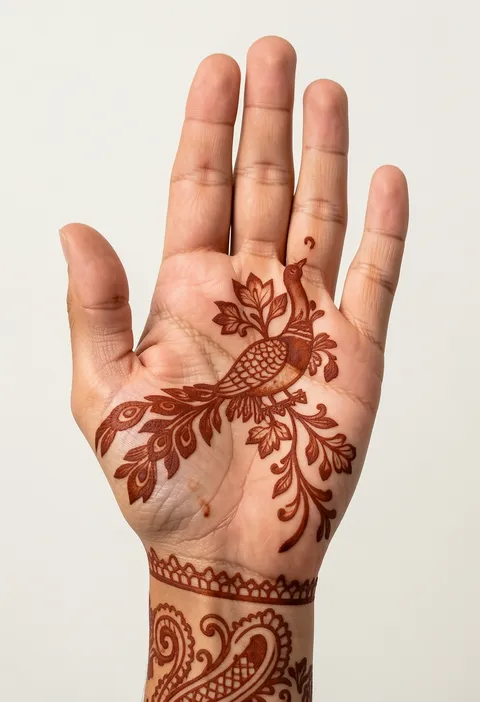 Arabic front-hand mehndi design with a flowing peacock and a lace-net wrist cuff