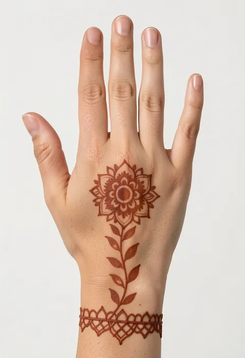 Minimal back-hand mehndi design with a round mandala bloom, leafy vine, and scalloped wrist band
