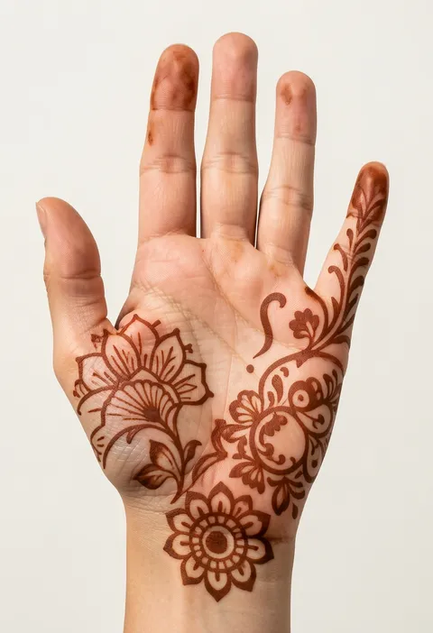Arabic front-hand mehndi design with a floral medallion and flowing paisley swirls up the fingers