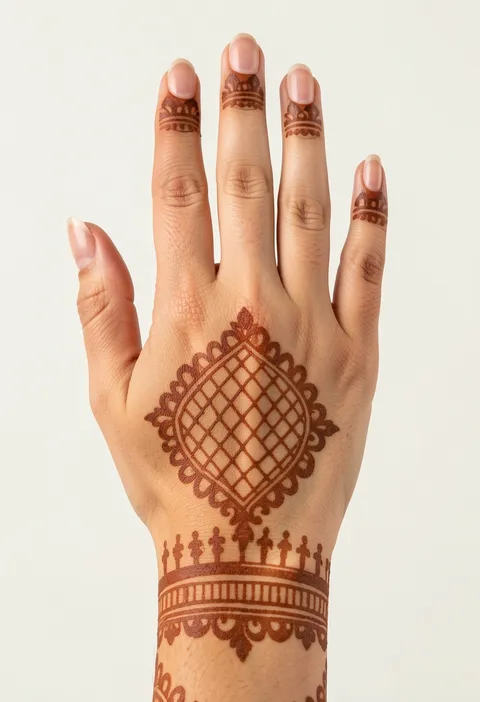 Bridal back-hand mehndi design with a diamond net medallion, crown wrist border and banded finger caps