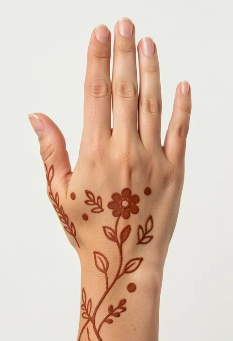 Simple for-kids back-hand mehndi design with a central flower and a curling leafy vine
