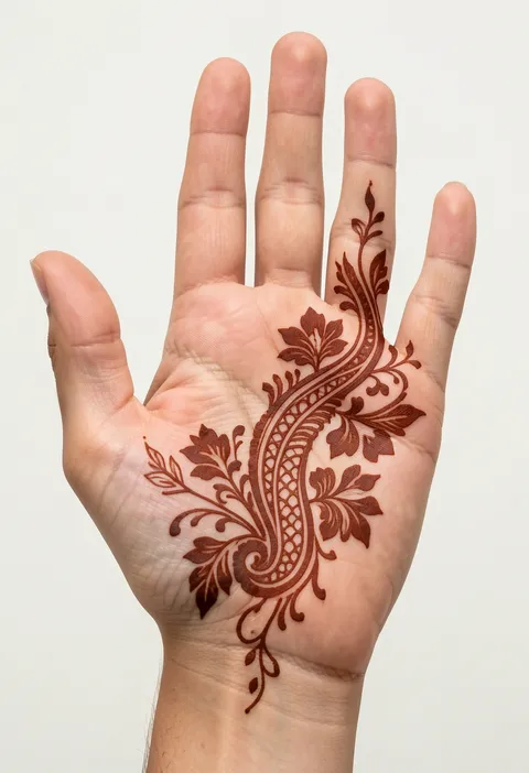 Arabic front-hand mehndi design with a bold diagonal paisley and floral trail across the palm